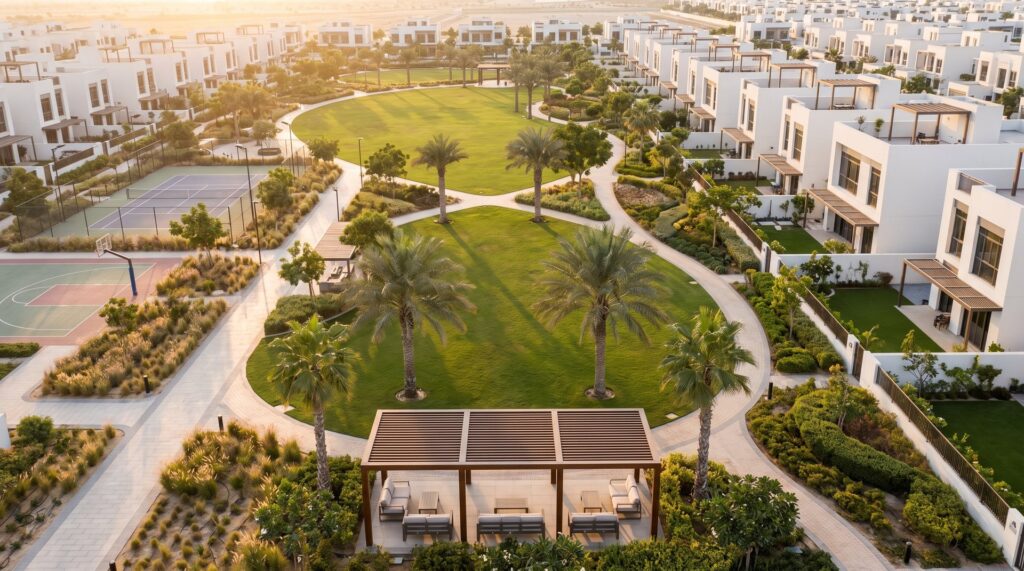 Landscaped central park surrounded by modern villas in Arabian Ranches 3, Dubai at golden hour