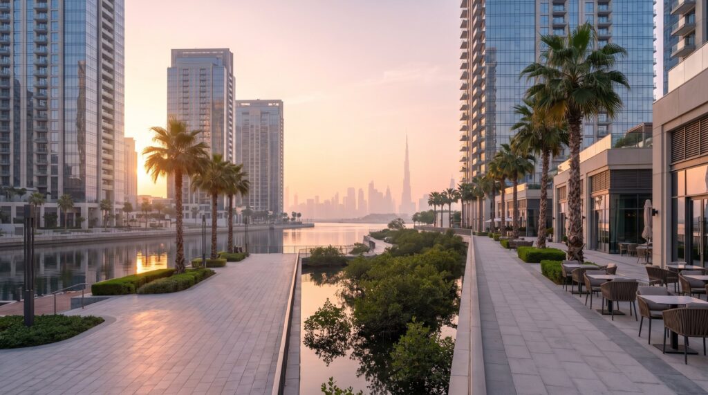 Waterfront promenade and modern towers along the creek at Dubai Creek Harbour at sunrise