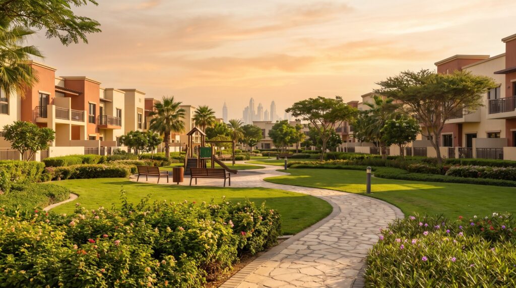 Landscaped community park surrounded by low-rise apartment buildings in Jumeirah Village Circle, Dubai at golden hour