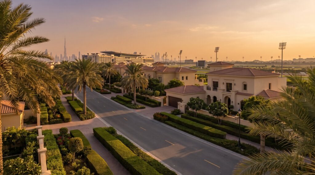 Tree-lined street of spacious villas with private gardens in Nad Al Sheba, Dubai at golden hour